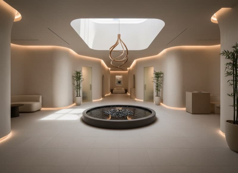 A softly lit circular float studio with warm curved walls