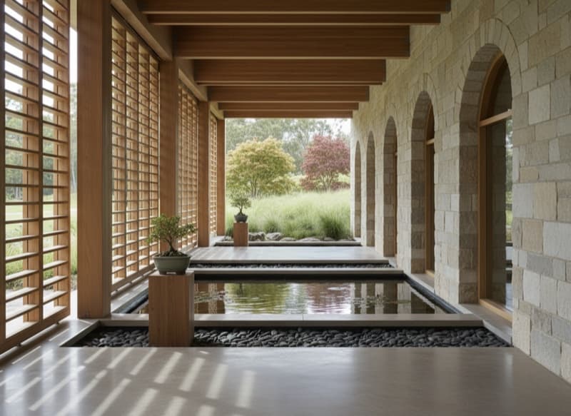 A long timber-framed room surrounding a quiet courtyard pool